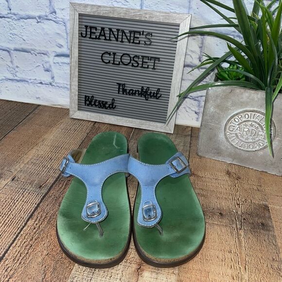 SAS Blue And Green Sanibel T-Strap Slide Leather Sandals. Size 11. - Picture 3 of 10